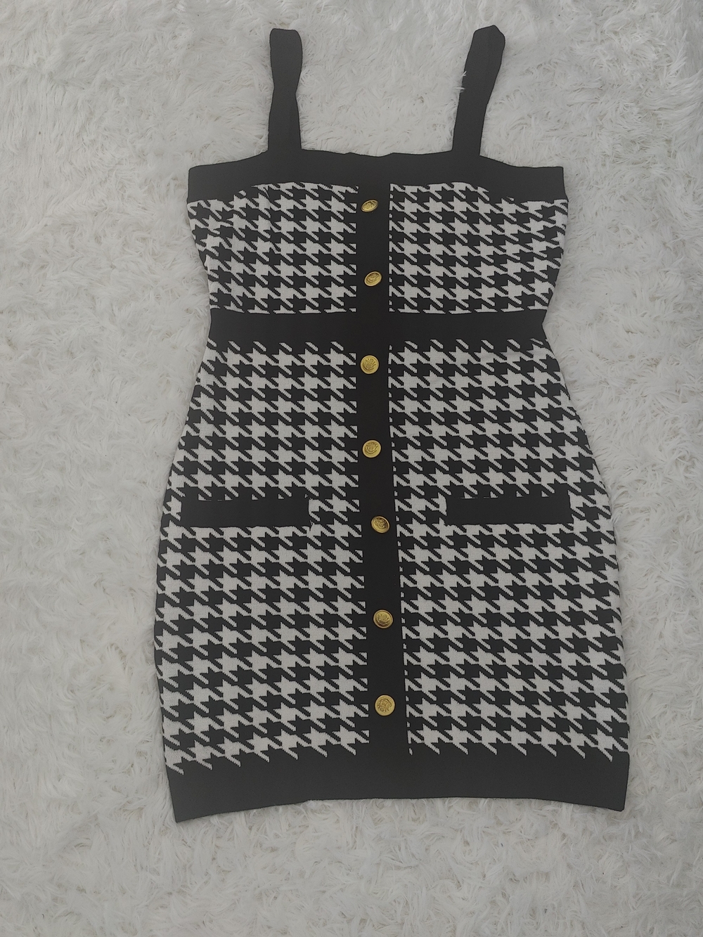 Black and White Houndstooth Button-Front Mini Dress